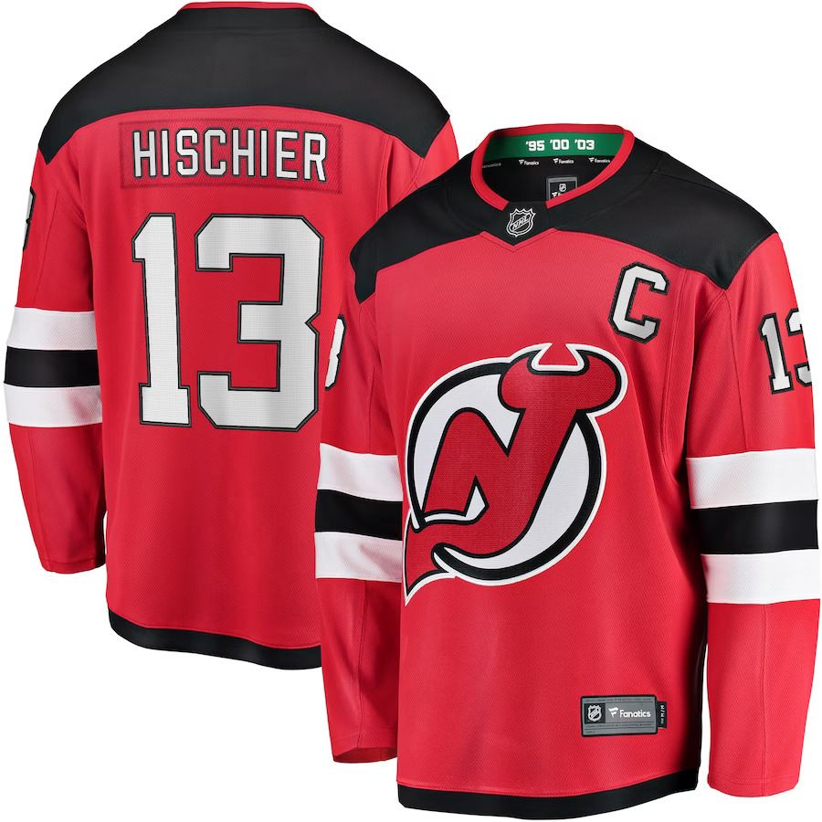 Men New Jersey Devils 13 Nico Hischier Fanatics Branded Red Captain Patch Home Breakaway NHL Jersey
